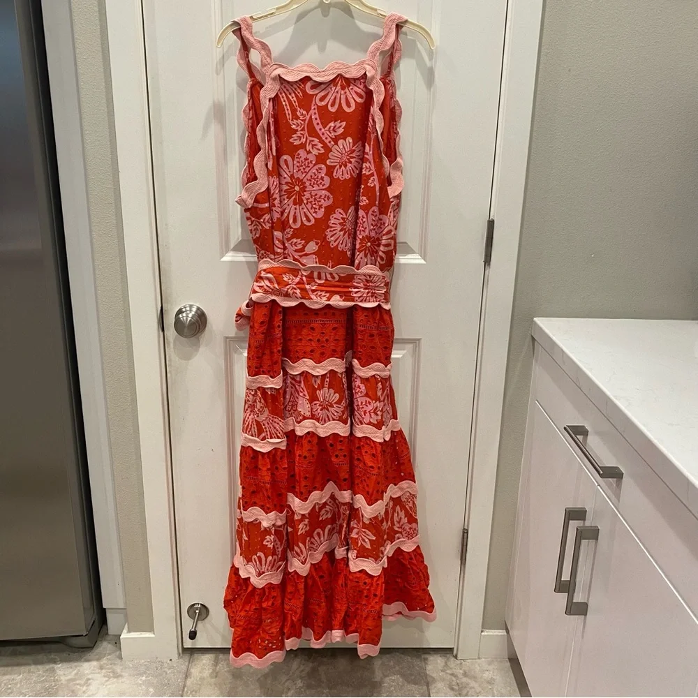 Farm Rio Flowerful Birds Red and Pink Floral Eyelet Lace Dress - Picture 2 of 9